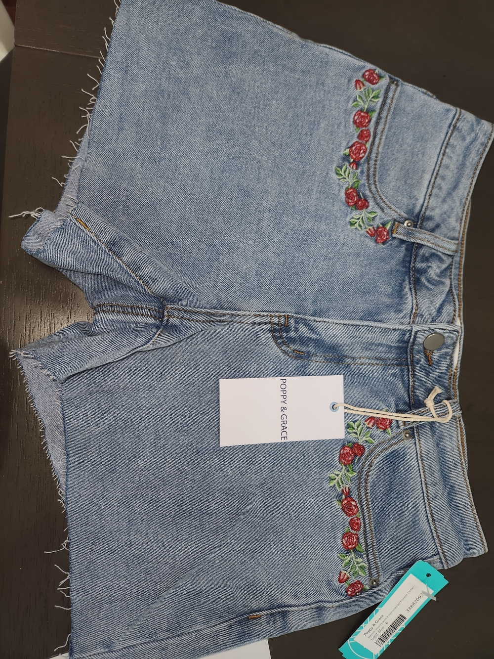 Light Blue Denim Shorts with Red Rose Embroidery